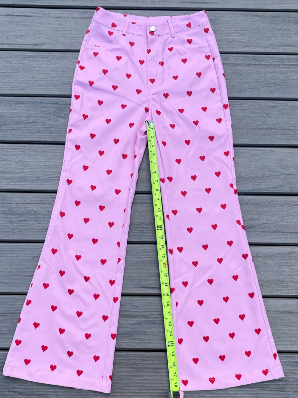 Cider; High Rise; Red Polka Dot Style Heart Print; Pink Flared Trousers; Small - Picture 7 of 10